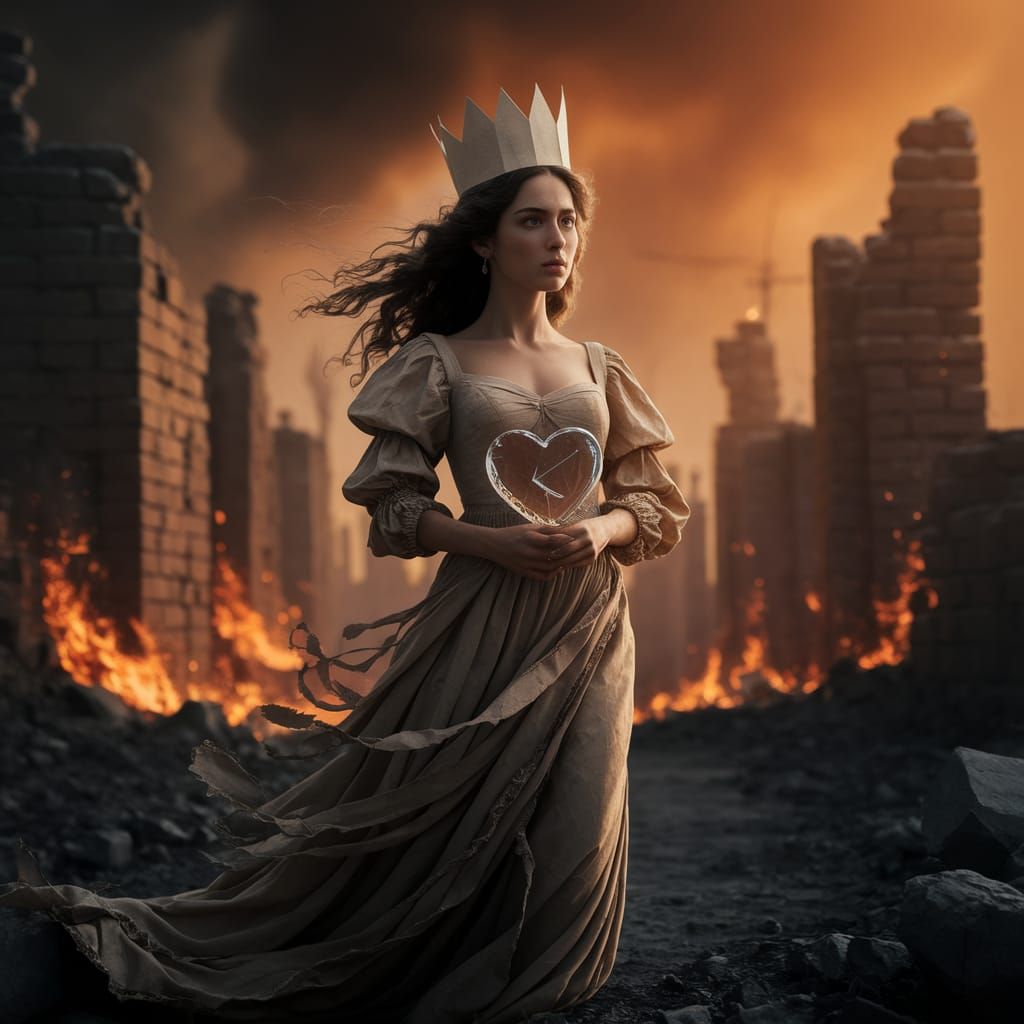 A Lone Figure in Amber Hues, Resilient Against Ruins