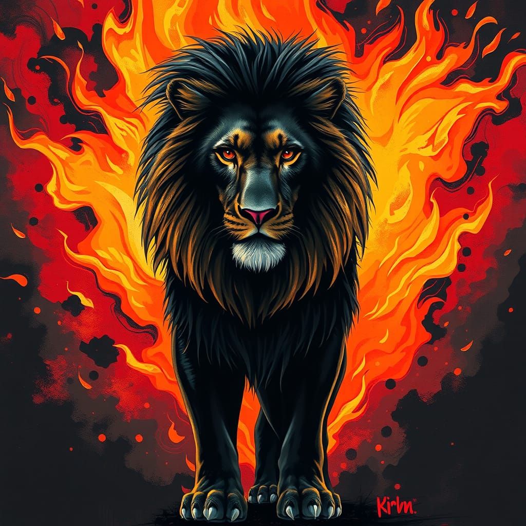 Majestic Black Lion in Flickering Flames