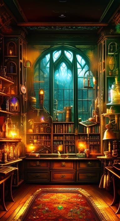 Victorian Wizard's Workshop with Crystal Ball in Graffiti Ar...