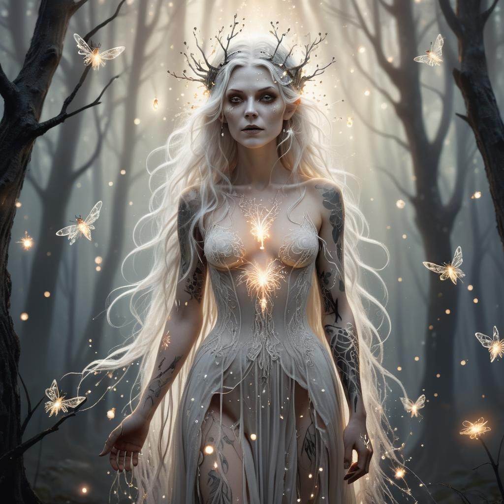 Mystical White Witch in Enchanted Forest Illustration