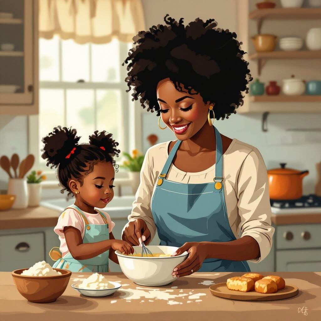 Folk Art Style: Black Woman Baking with Girl