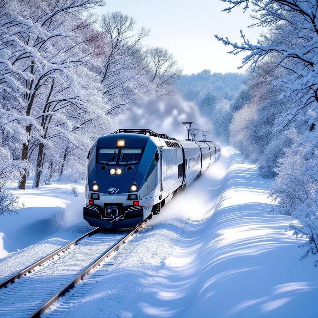 Acela Train Speeds Through Snowy Hudson Valley Morning