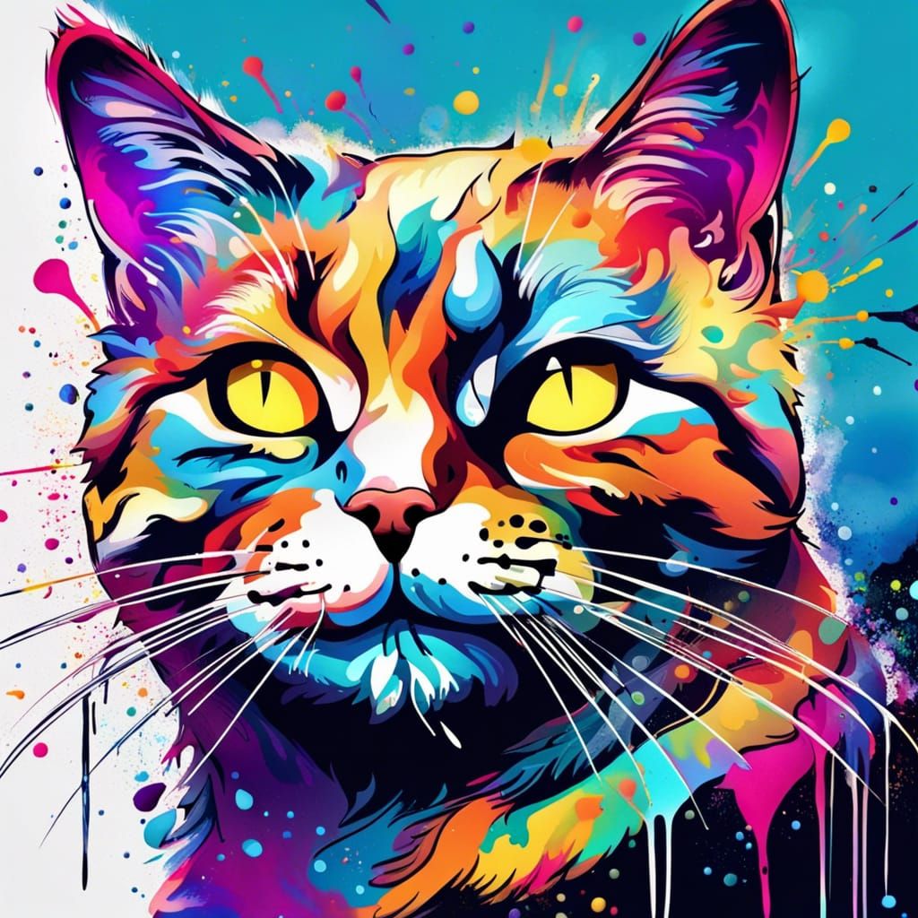 Colorful Ink Cat Portrait in Splash Art Style