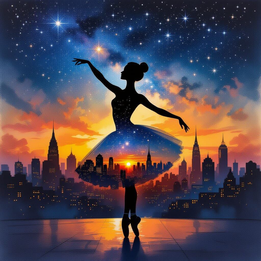 Ballerina Silhouette with Starry Sky and Cityscape