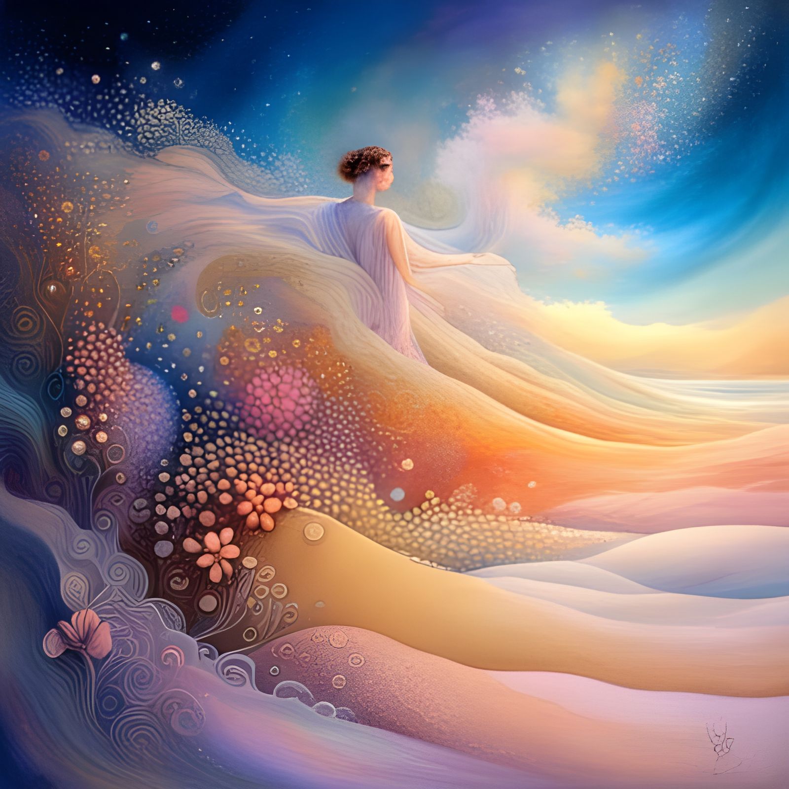 Cosmic Sand Tornado with Fractal Flowers in Cyberpunk Style