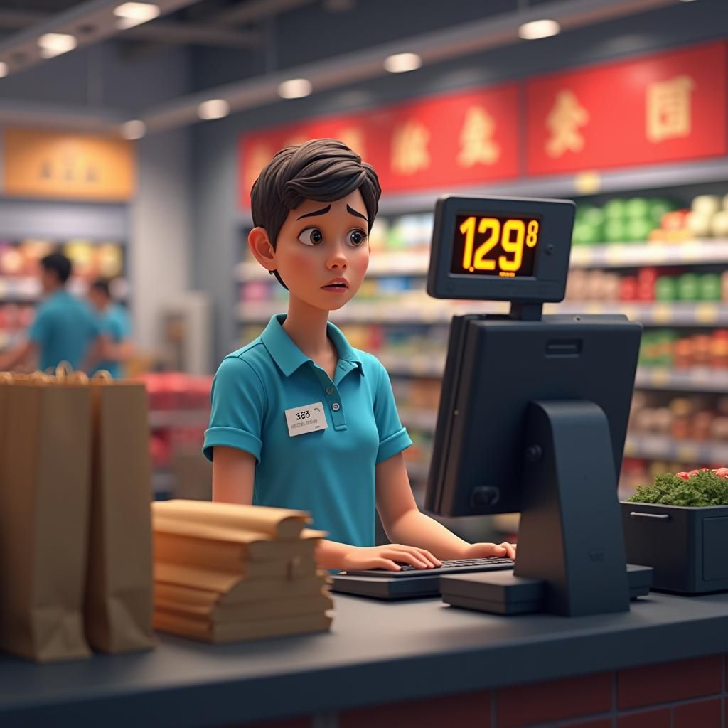 Cashier Asks for Payment in Grocery Store