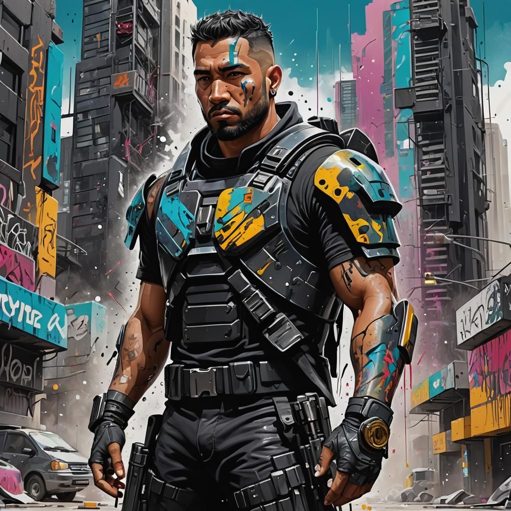 Latino Bounty Hunter in Futuristic Graffiti City