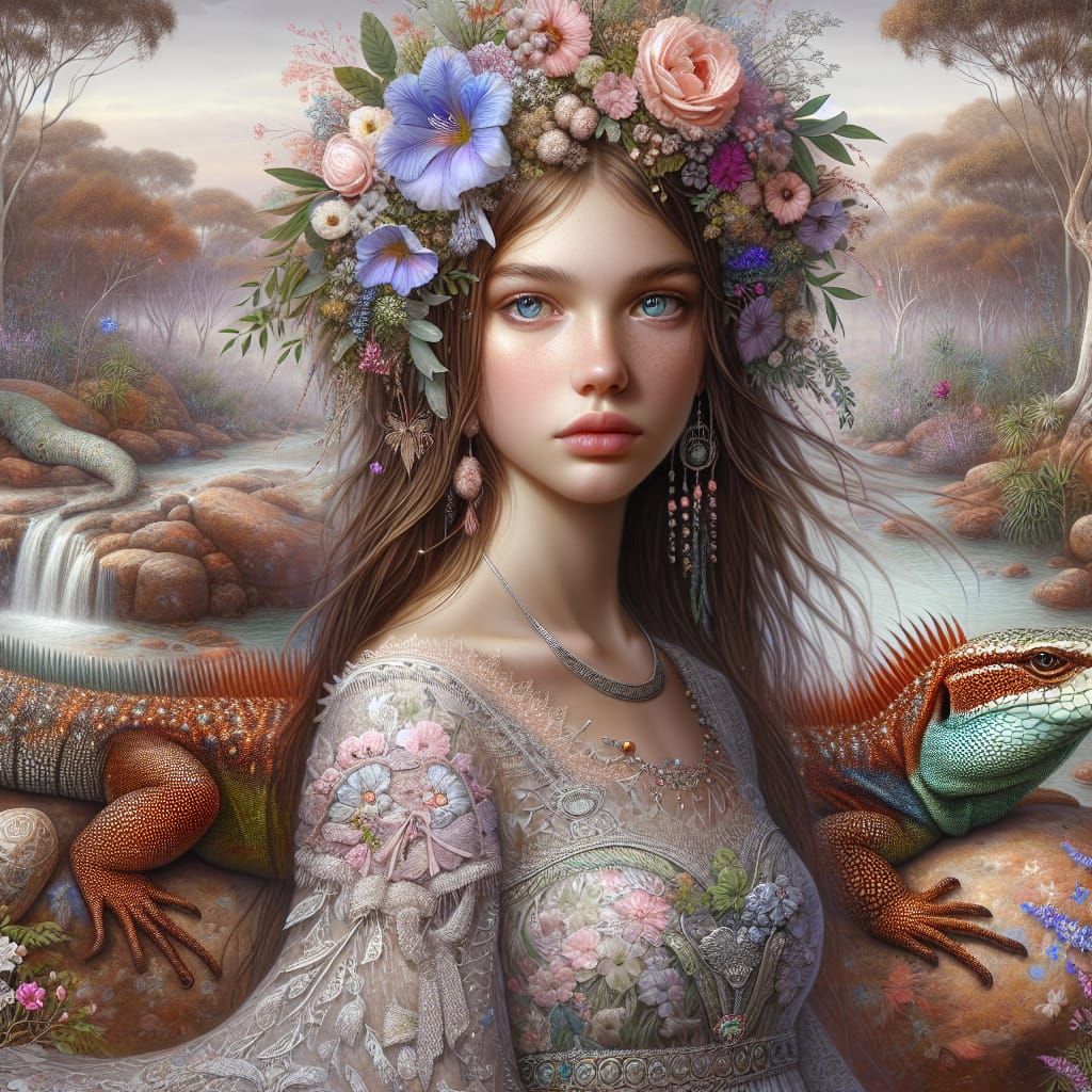Australian Outback Goddess with Fire Lizard, Soft Pastel Bea...