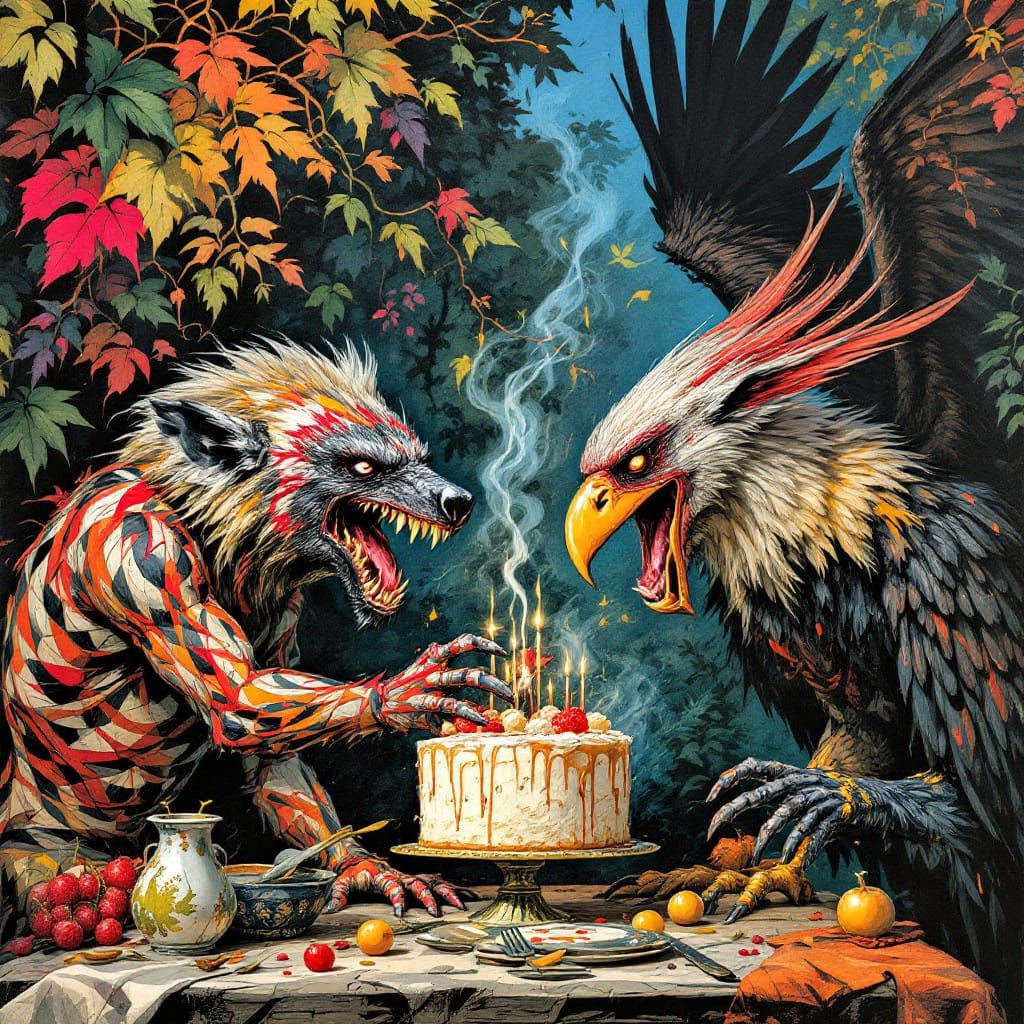 Hyena and Vultures Squabble Over Cake in Splash Art Style