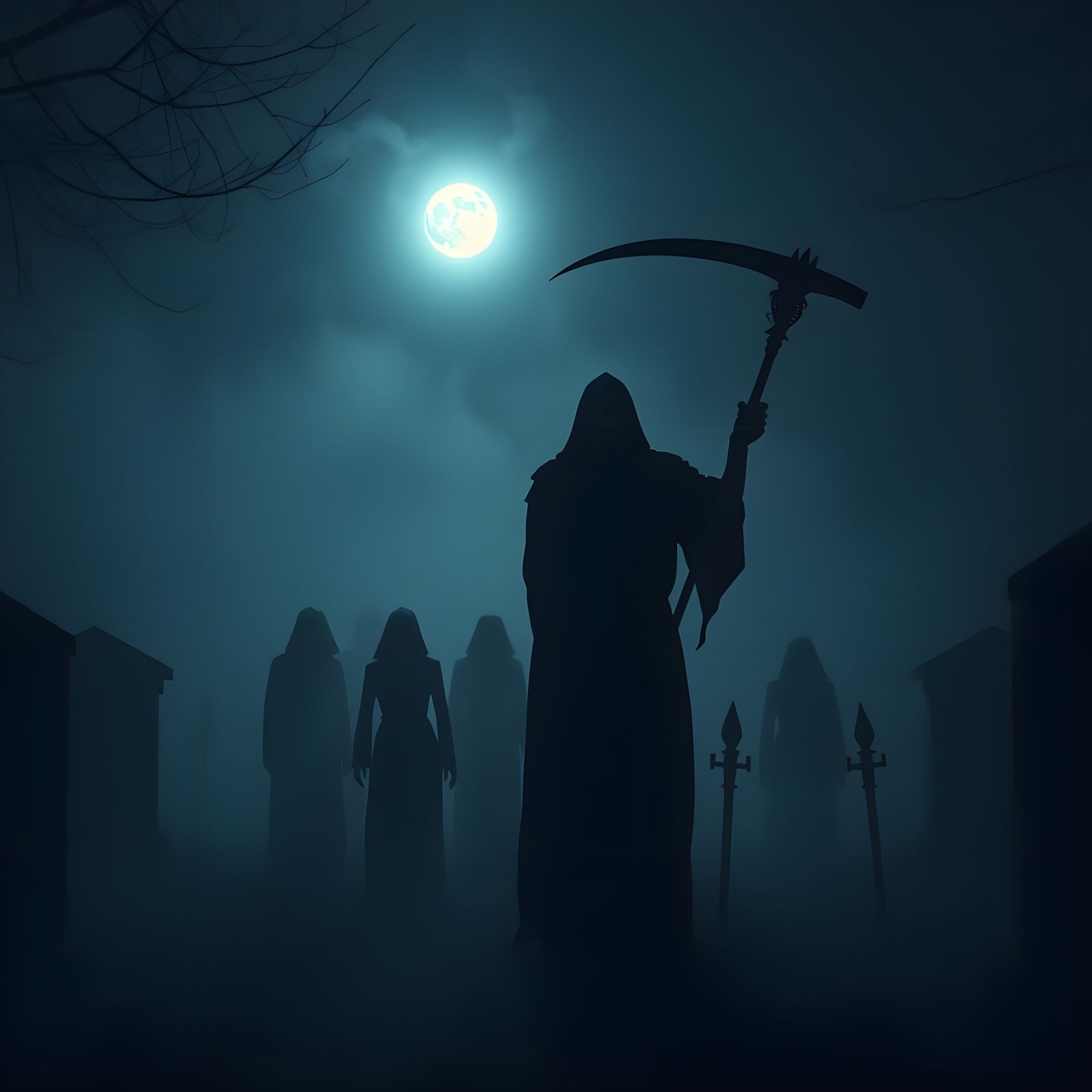 Eerie Procession: Grim Reaper Leads Souls to Graveyard