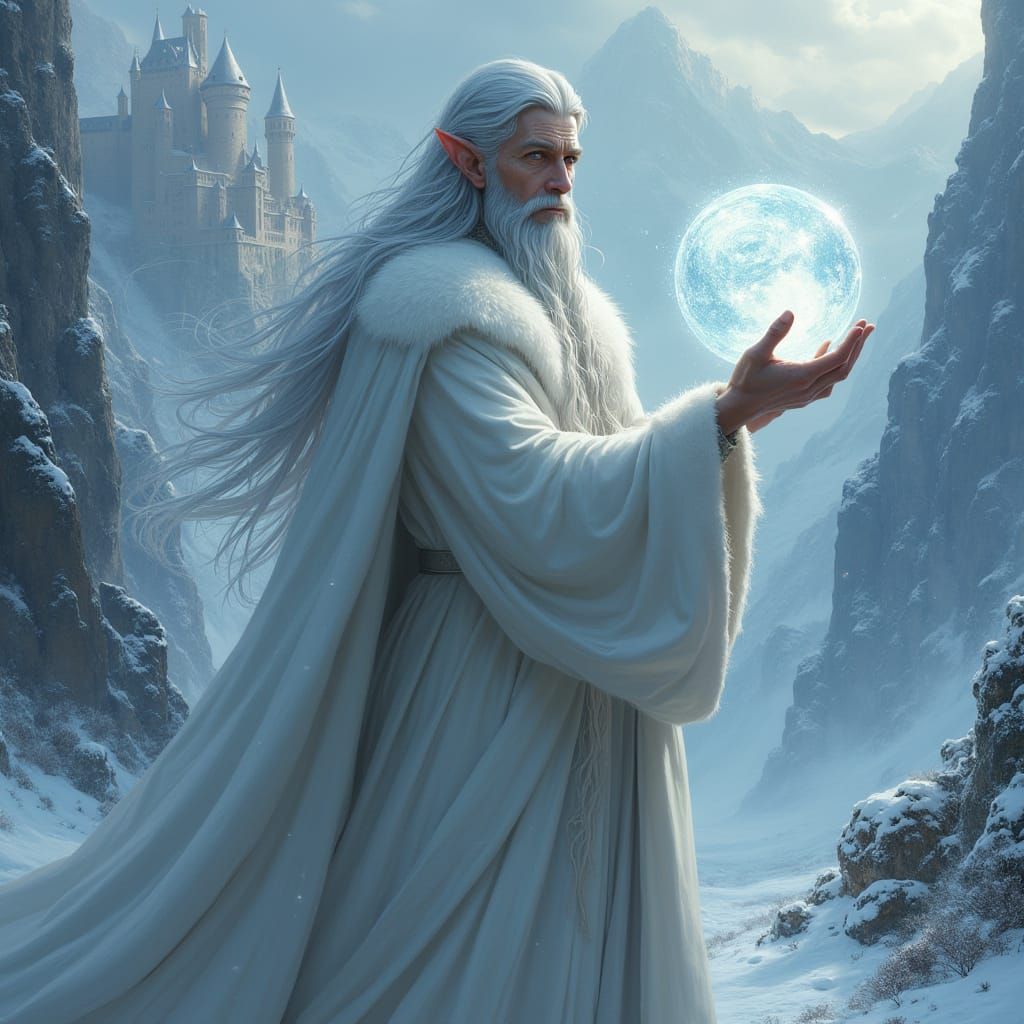 Grey Elf Wizard With Luminous Orb in Winter Landscape