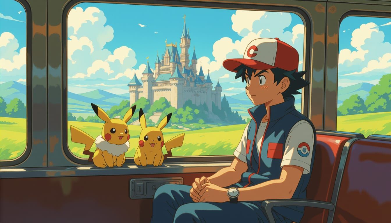 Ash Ketchum on a Train, Ghibli Landscape Digital Art