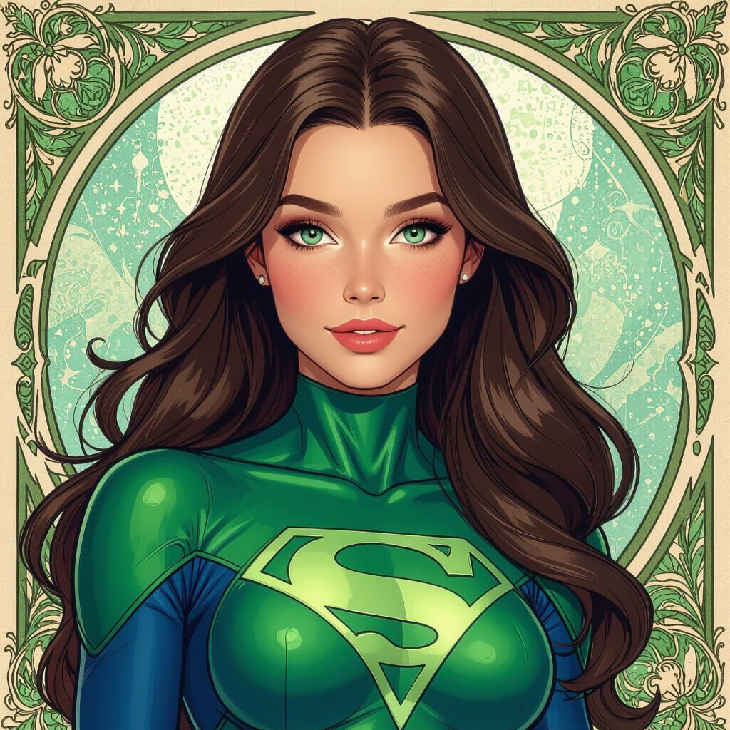 Brunette Superheroine in Art Nouveau Comic Style