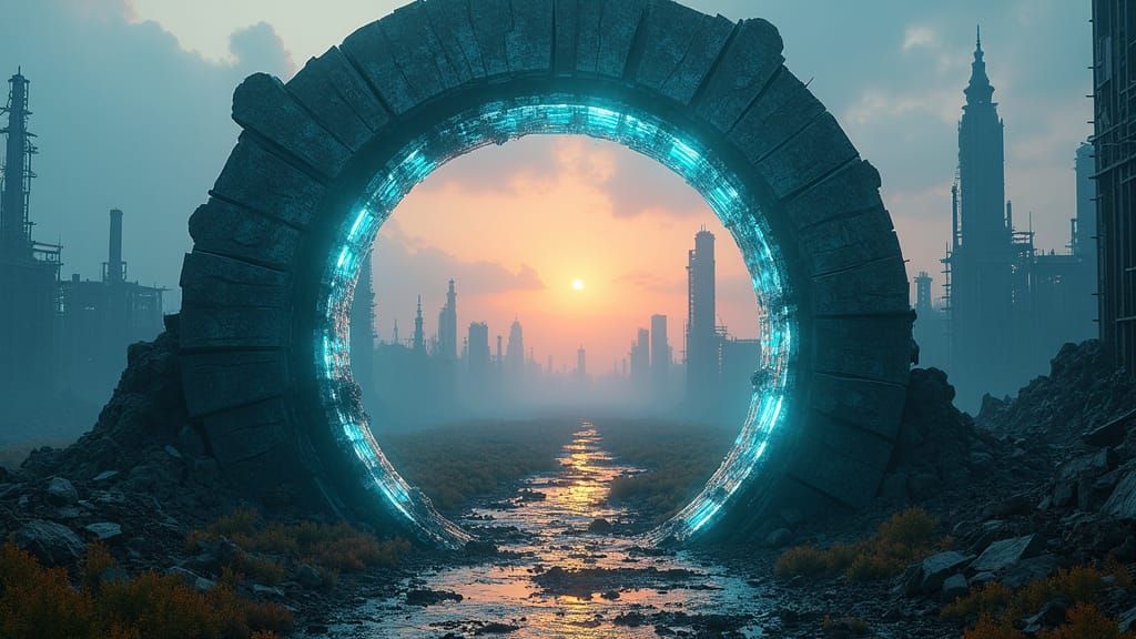 Dimensional Portal Reveals Sunny Farm in Dystopian City