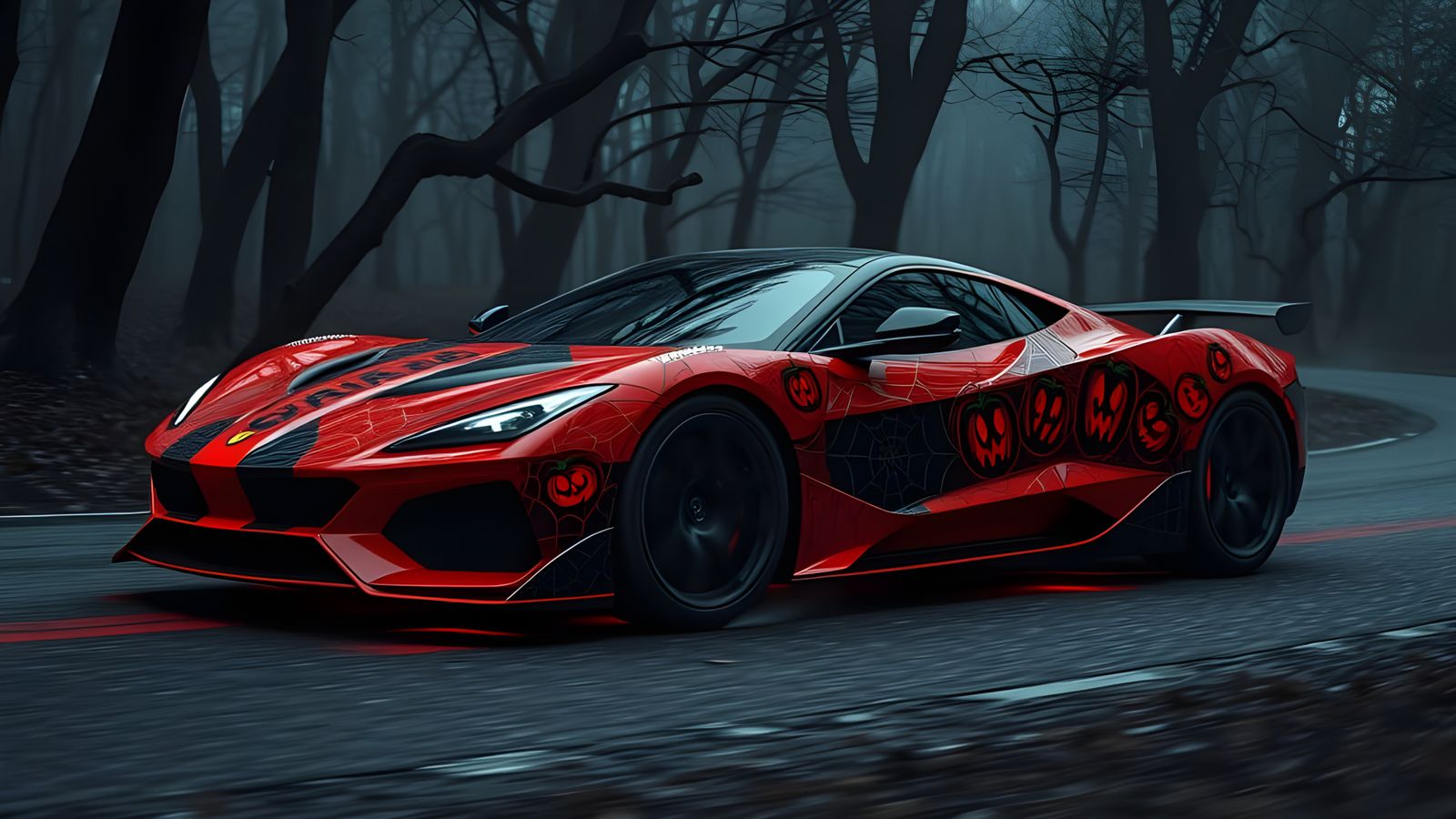 Crimson Halloween Supercar on Forest Road