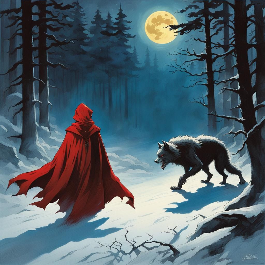 Werewolf Encounter in Misty Forest, Dark Fantasy Art