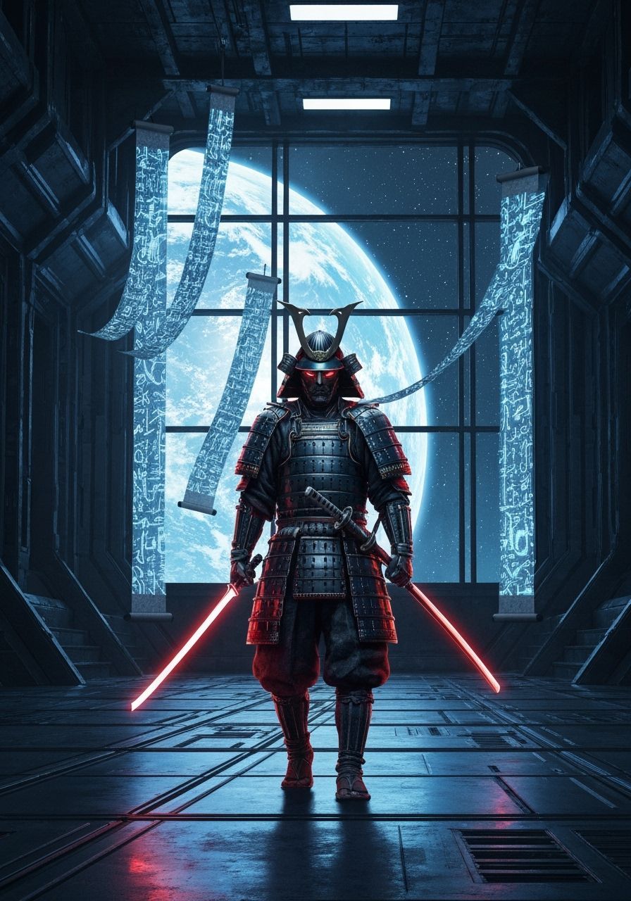 Samurai in Futuristic Space Station with Neon Katana
