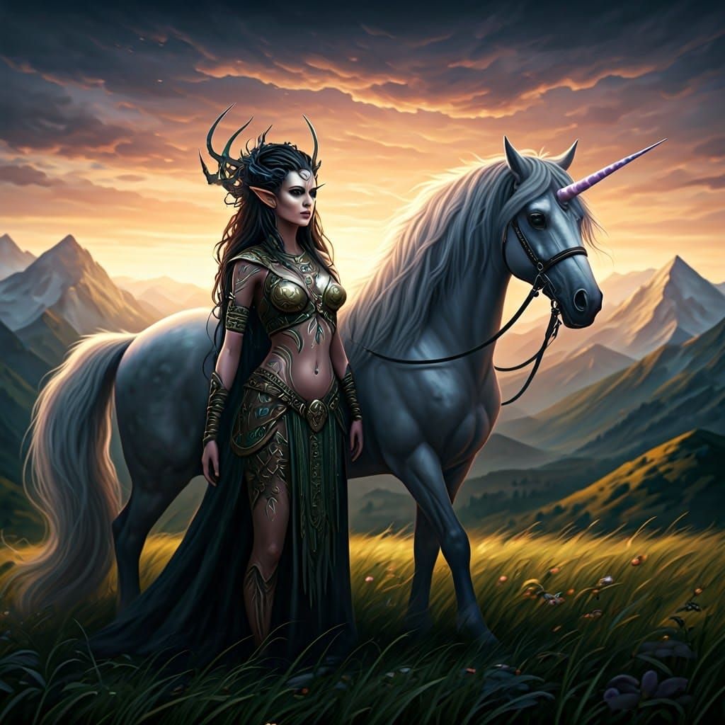 Dark Elf Warrior and Unicorn on Mountain