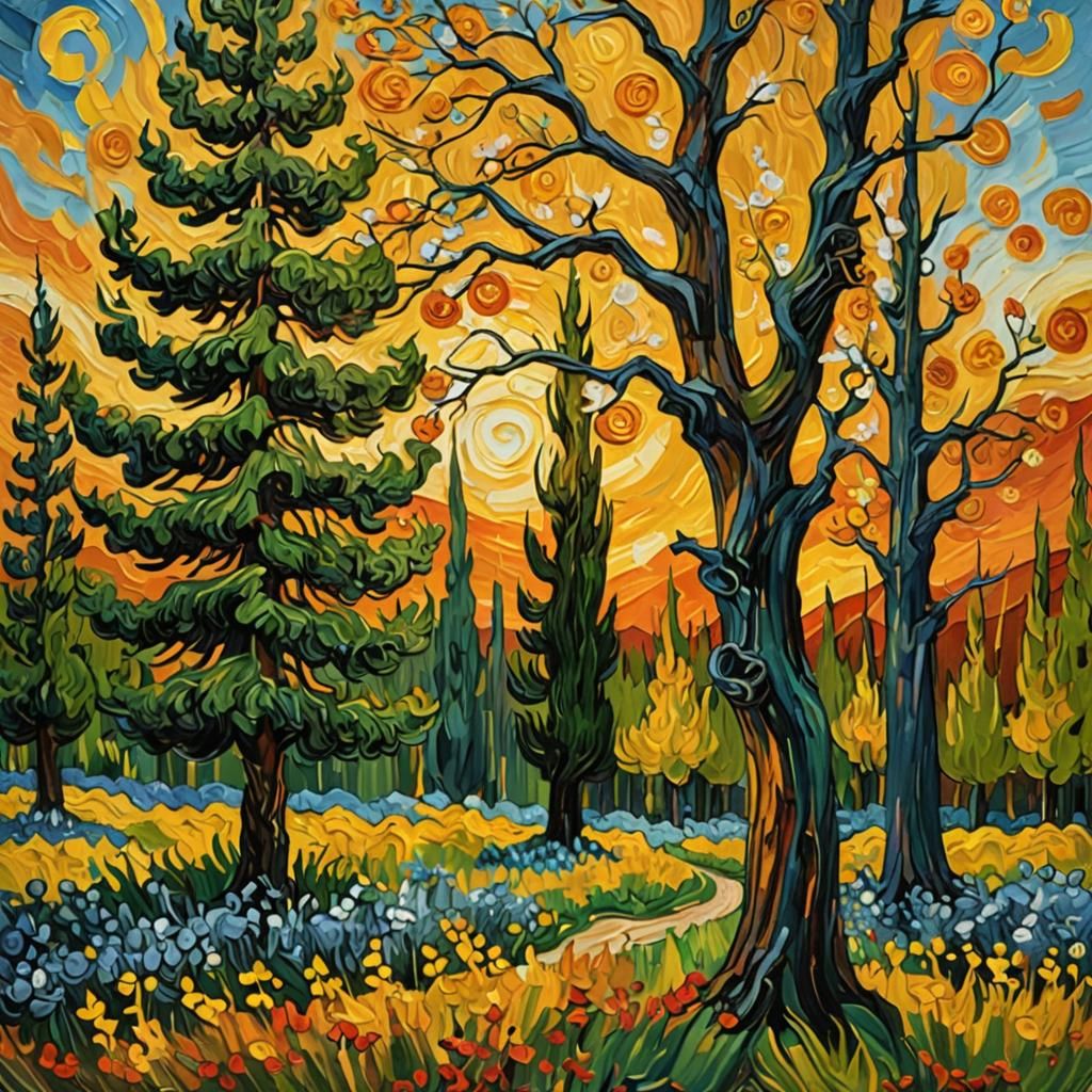 Van Gogh Style Figure in Swirling Landscape