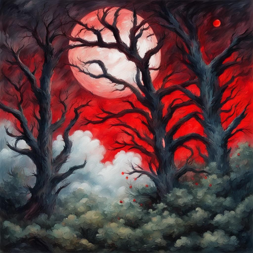 Scary Woods at Night in Gouache Style
