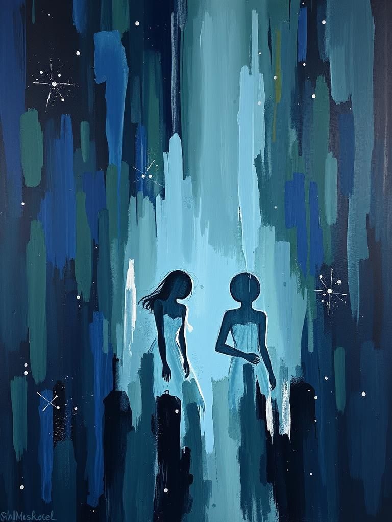 Abstract Couple Under Night Sky as Impasto Painting