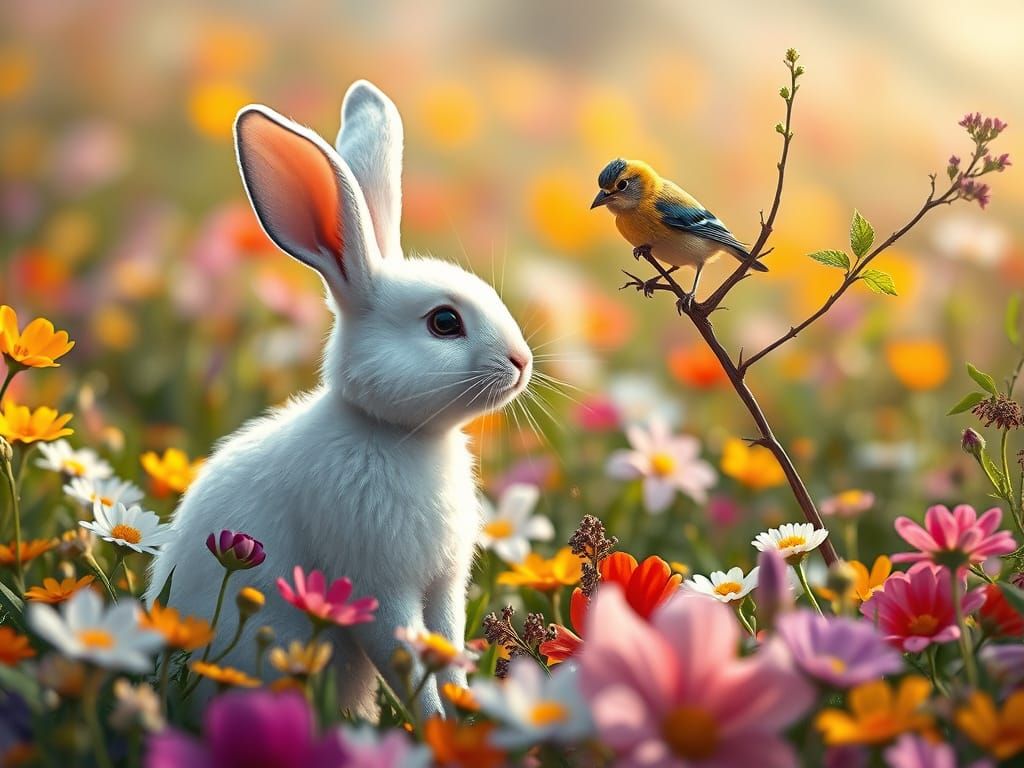 Rabbit and Budgie in Colorful Flower Field