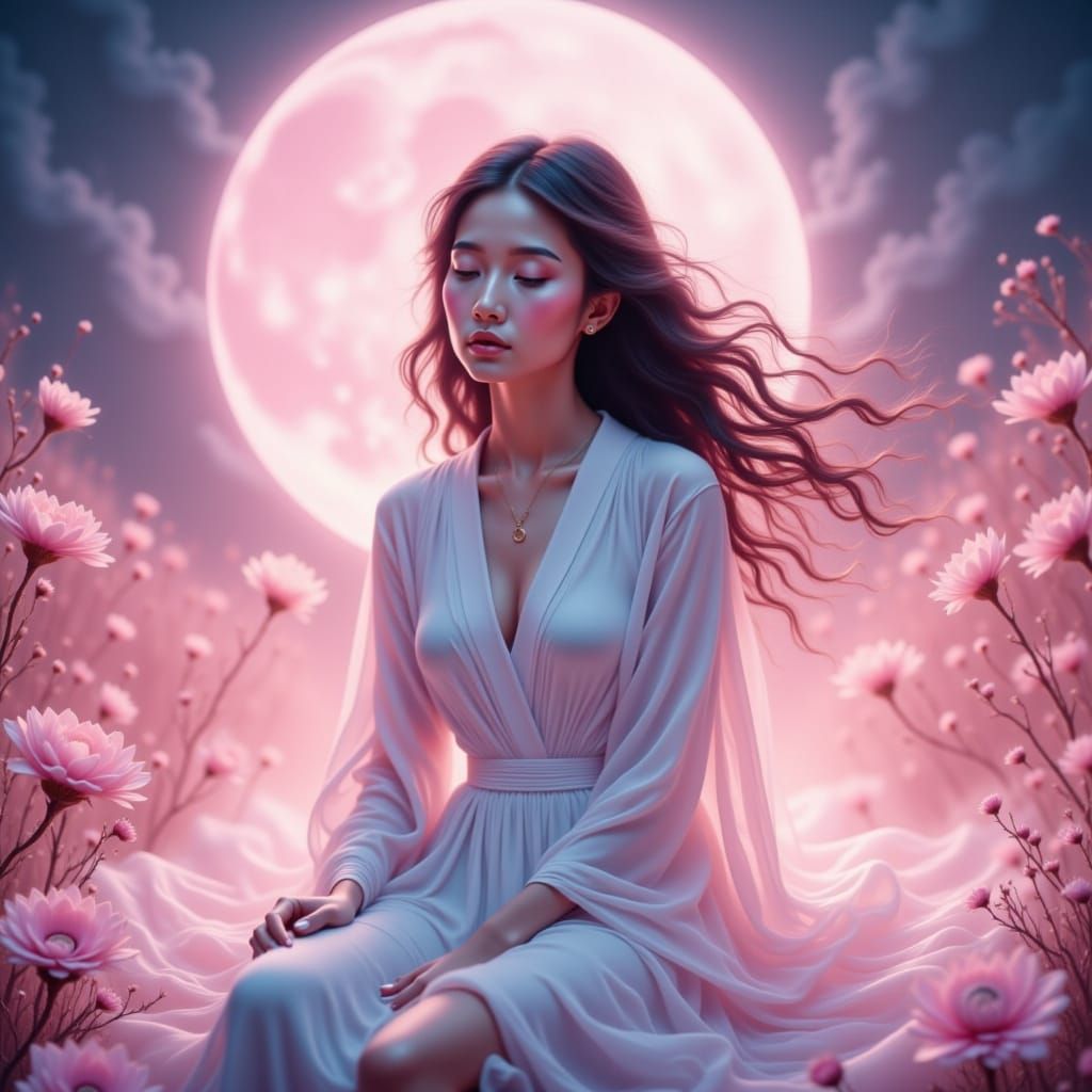 Serene Woman Under Pink Moon in Dreamy Landscape