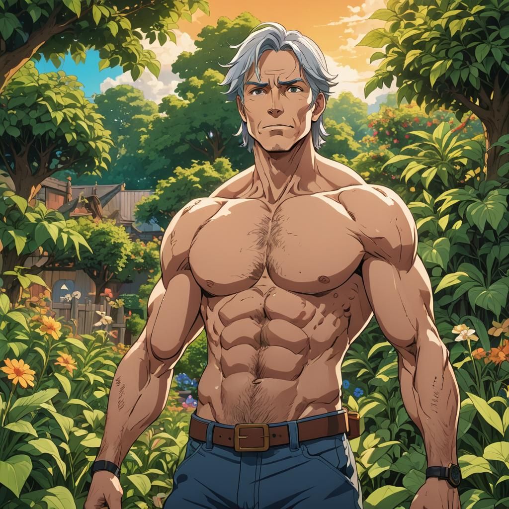 Blessed Gardener in Anime Style Amidst Lush Garden