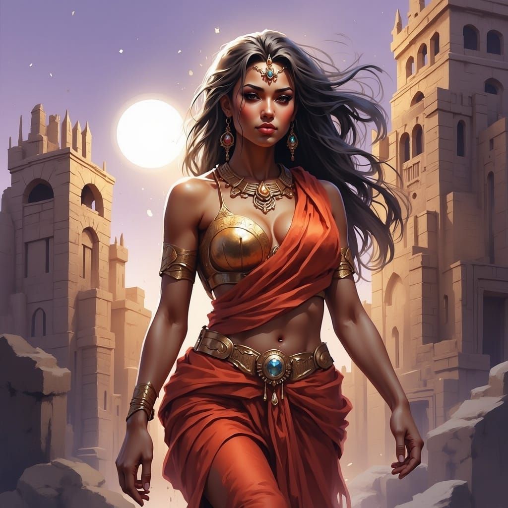 Egyptian Woman Drifting Through Alien Cityscape