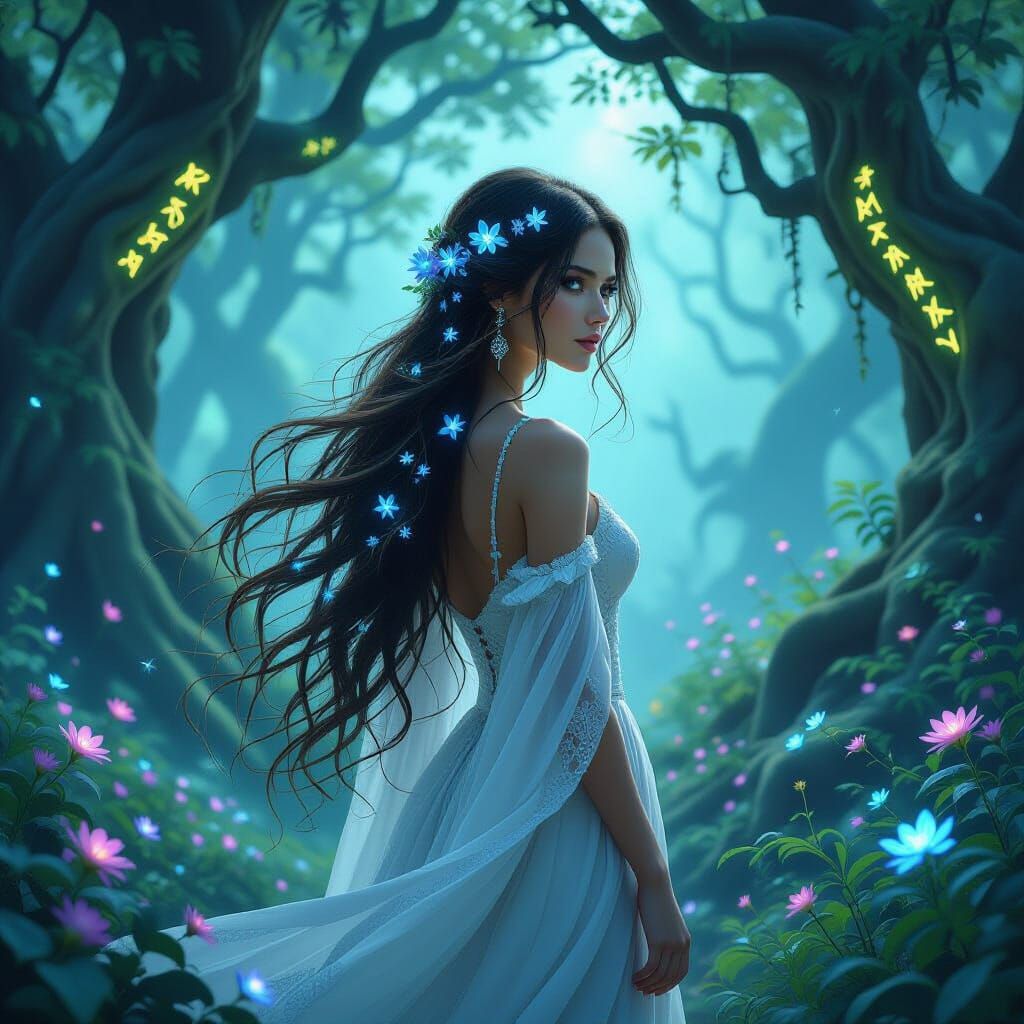 Ethereal Woman in Mystical Grove with Glowing Runes
