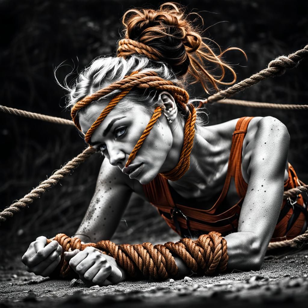 A woman tied with some ropes.