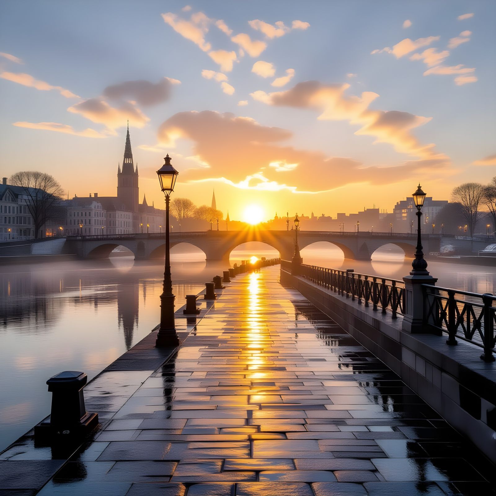 Golden Sunrise Illuminates Old Stone Bridge on Foggy Docks