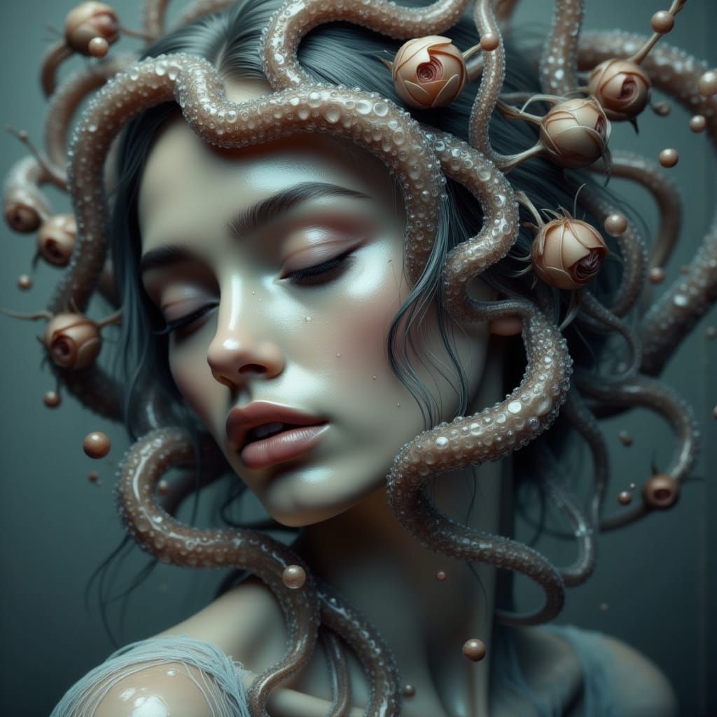 Woman in Rose Vines Blending Dark Futurism