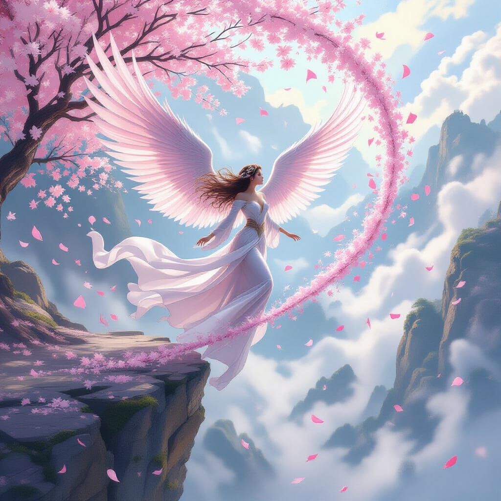 Woman with Sakura Petal Wings Takes Flight Over Misty Valley