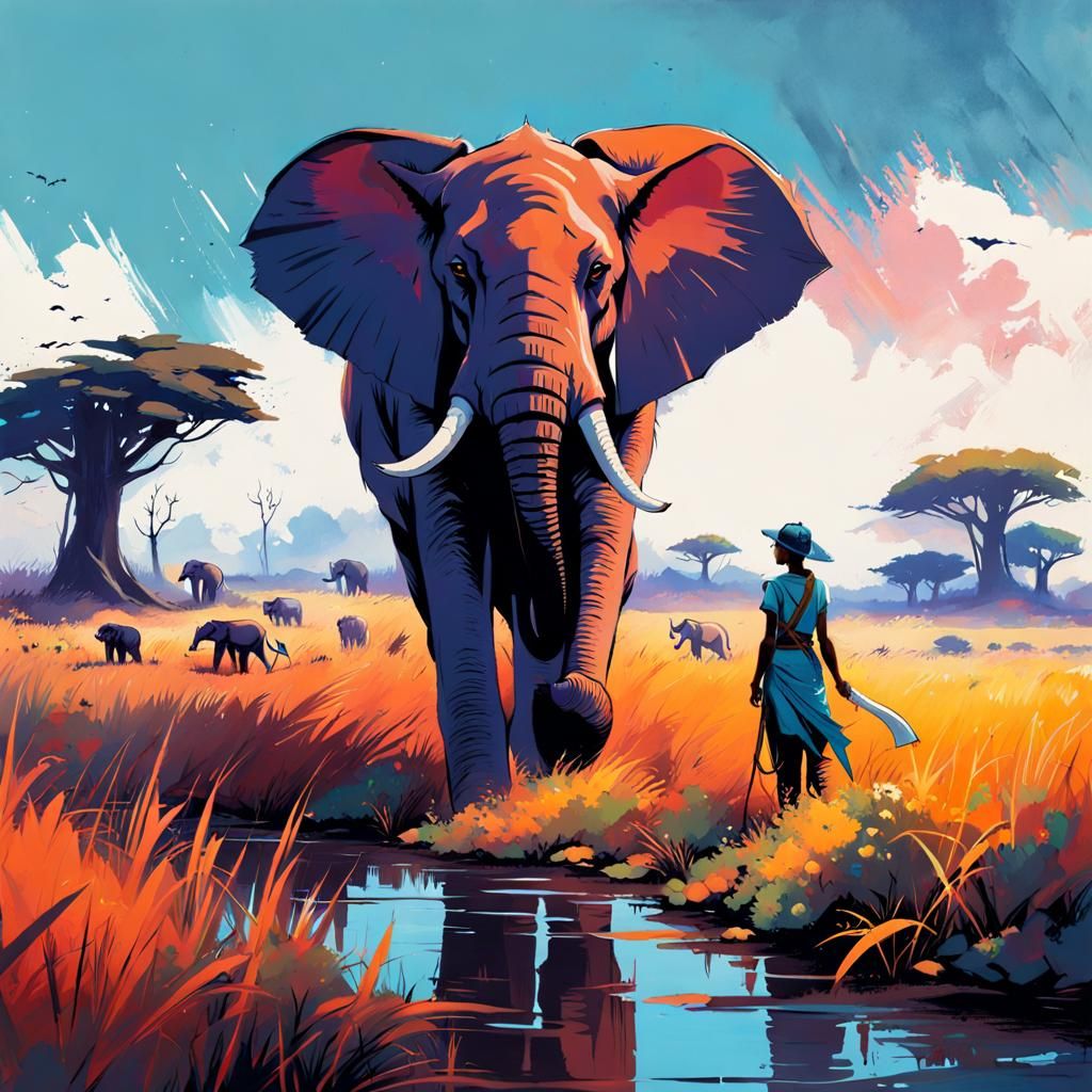 Elephant in Kenyan Prairie: Liquid Gouache Painting