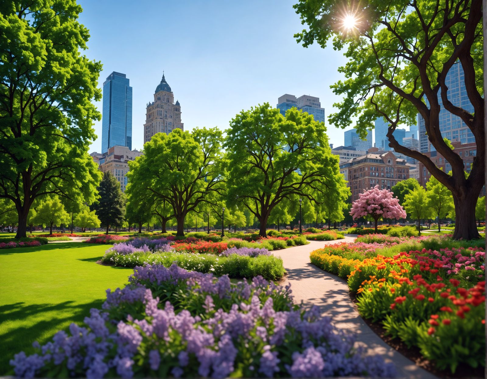 Hyperrealistic City Park with Flowers and Trees