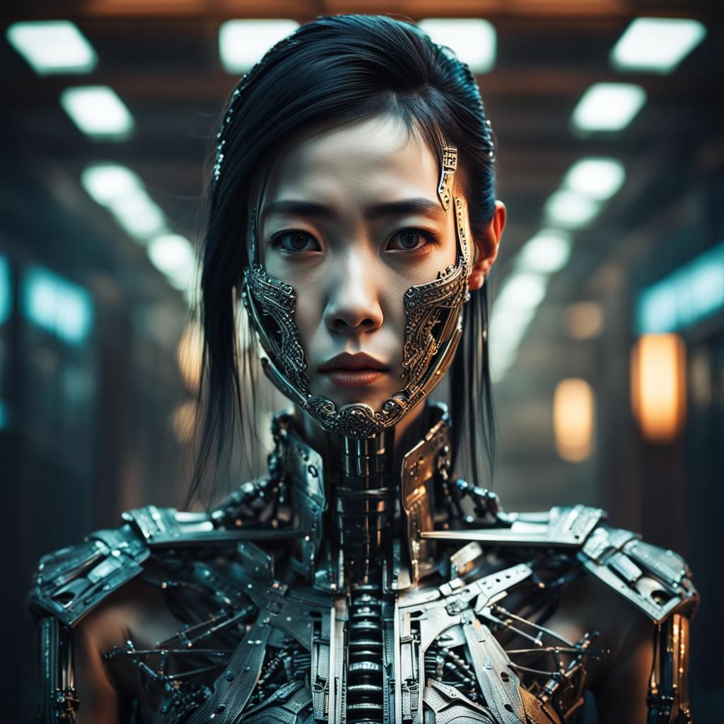 Asian AI Android Portrait in Cyberpunk Style