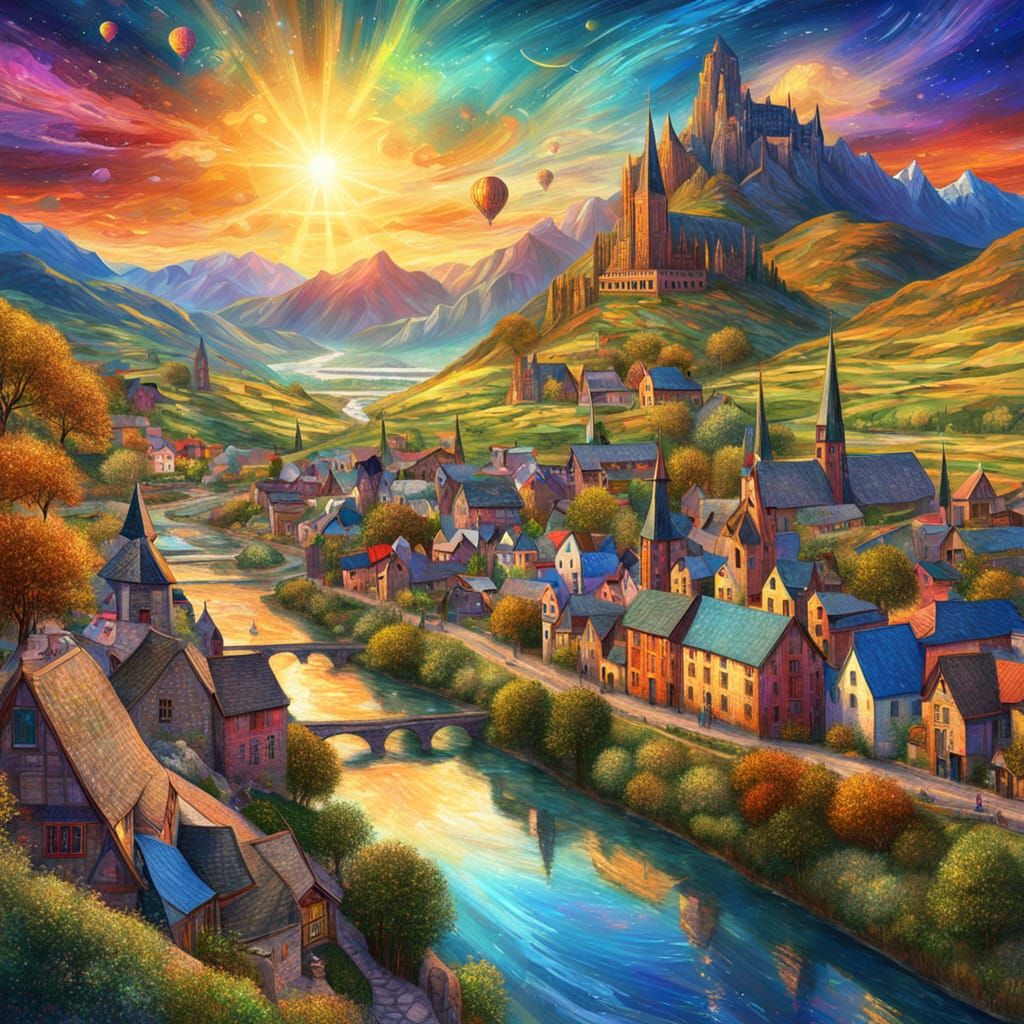 Riverside Village at Sunset, Astral Illustration