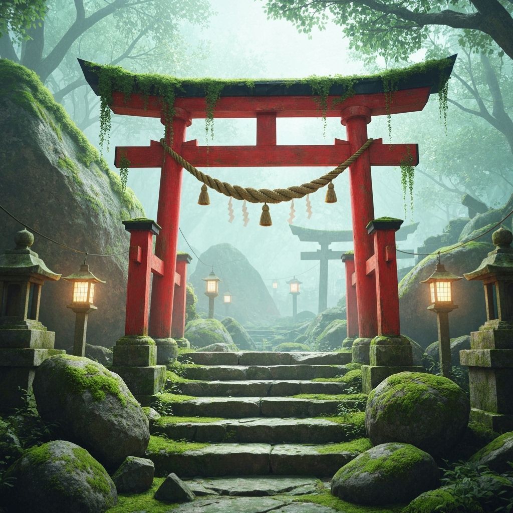 Ancient Torii Gate Overgrown in Ruined Japanese Shrine