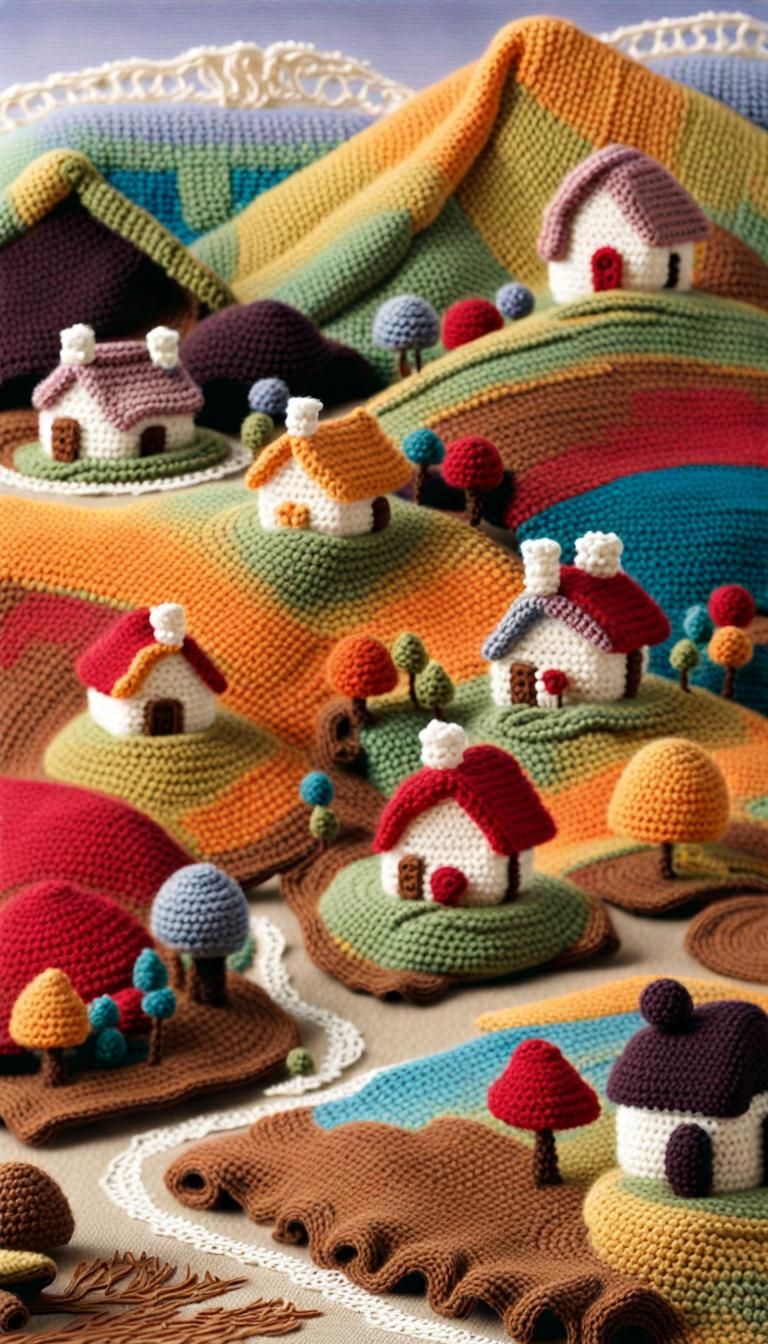Colorful Crocheted Yarn Mountain Dreamscape