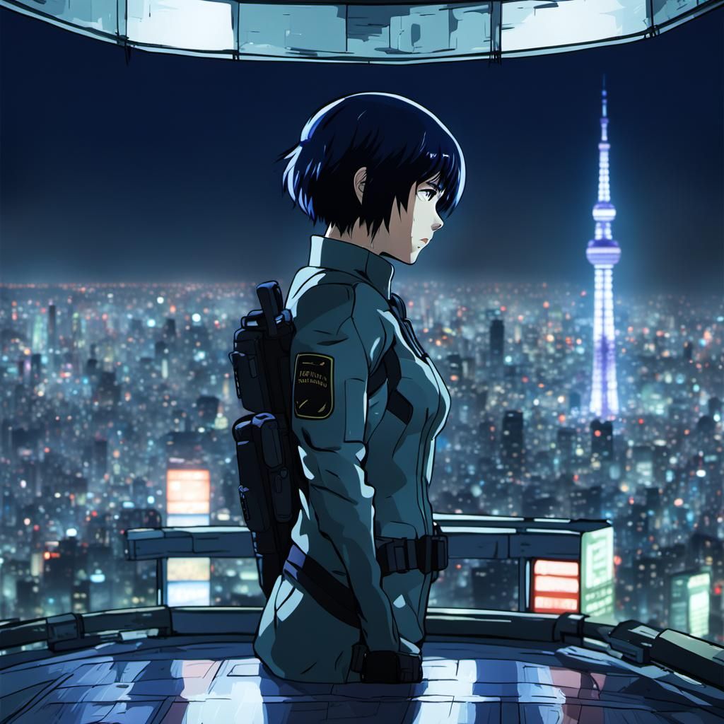 Kusanagi Motoko, watching from the top of SKYTREE, in the Tokyo night, looking for emergency occurrences that require he...