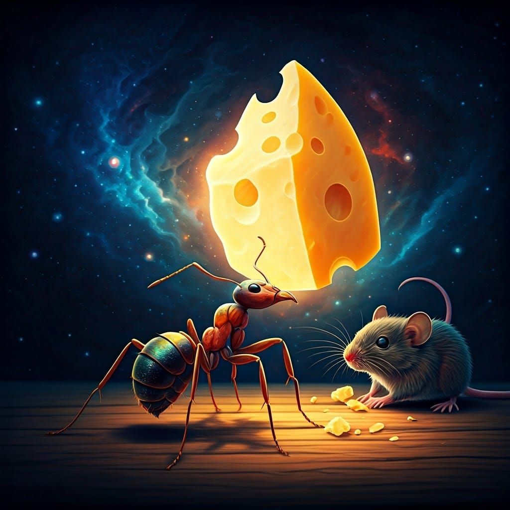Ant Lifting Cheese in Surreal Cosmic Scene