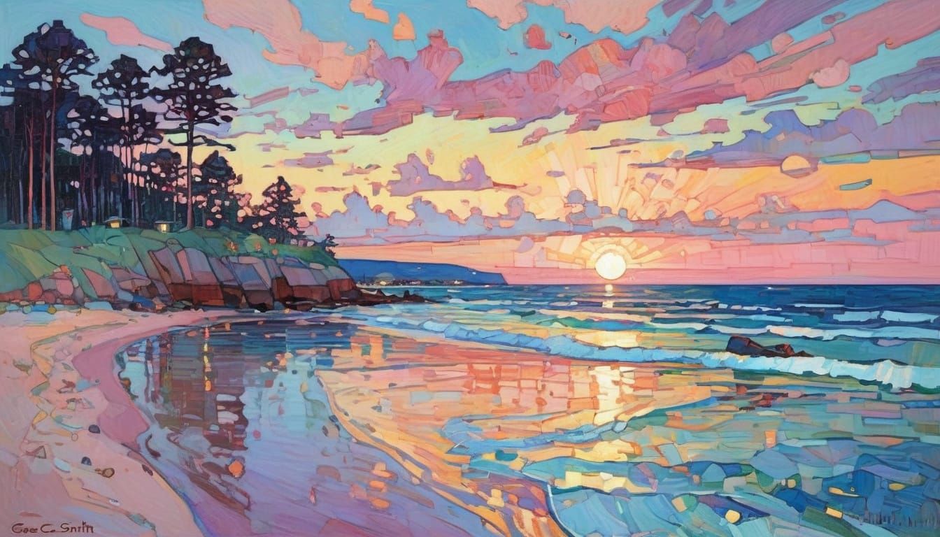 Summer Beach Bonfire at Twilight in Impressionist Style