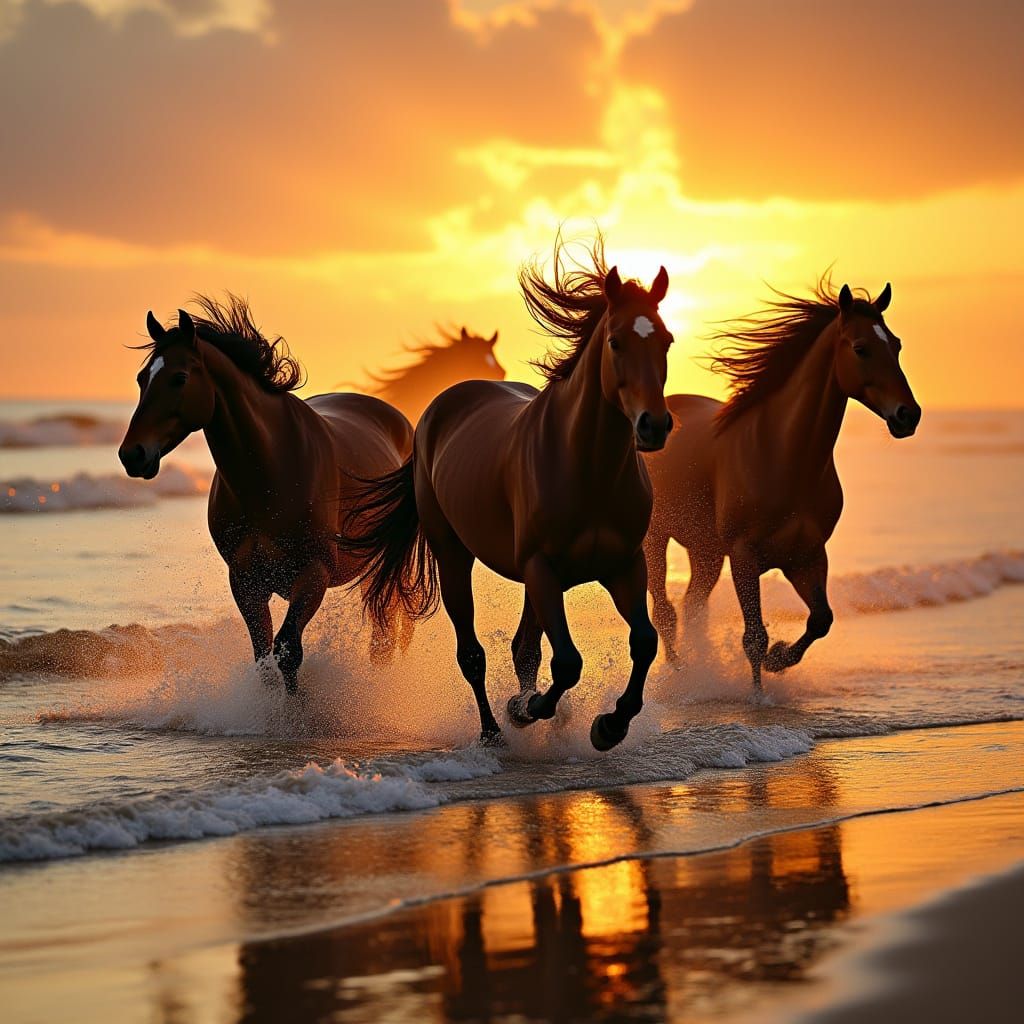 Dark Brown Horses Gallop Across a Serene Beach at Sunset