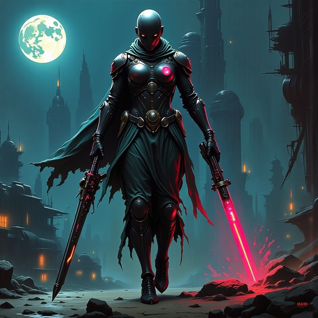 Moonlit Sci-Fi Cyborg Warrior in Cyberpunk Style