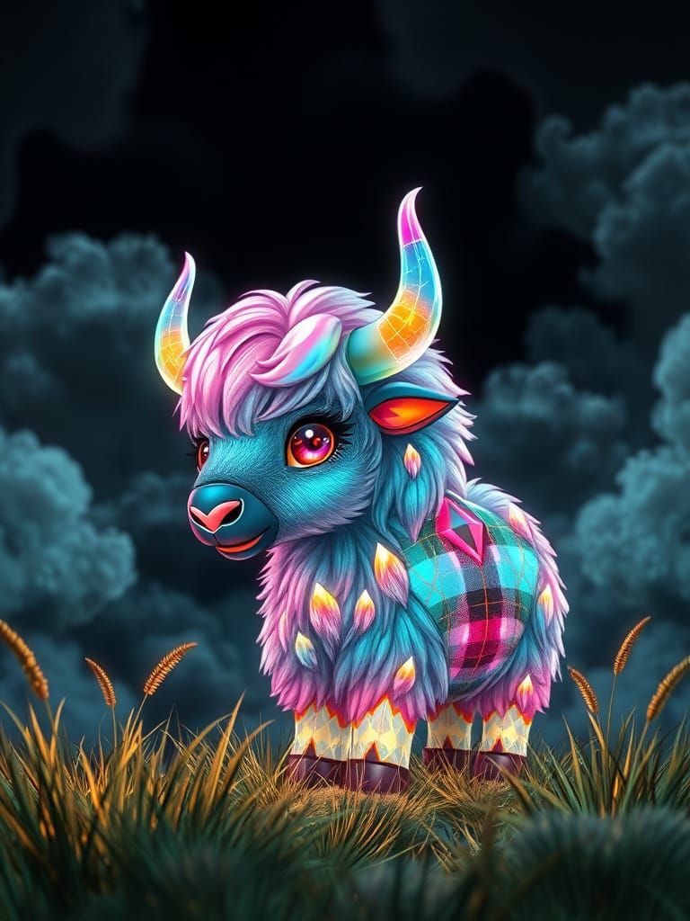 Chibi Musk Ox with Gemstone Hair in Stained Glass Anime Styl...