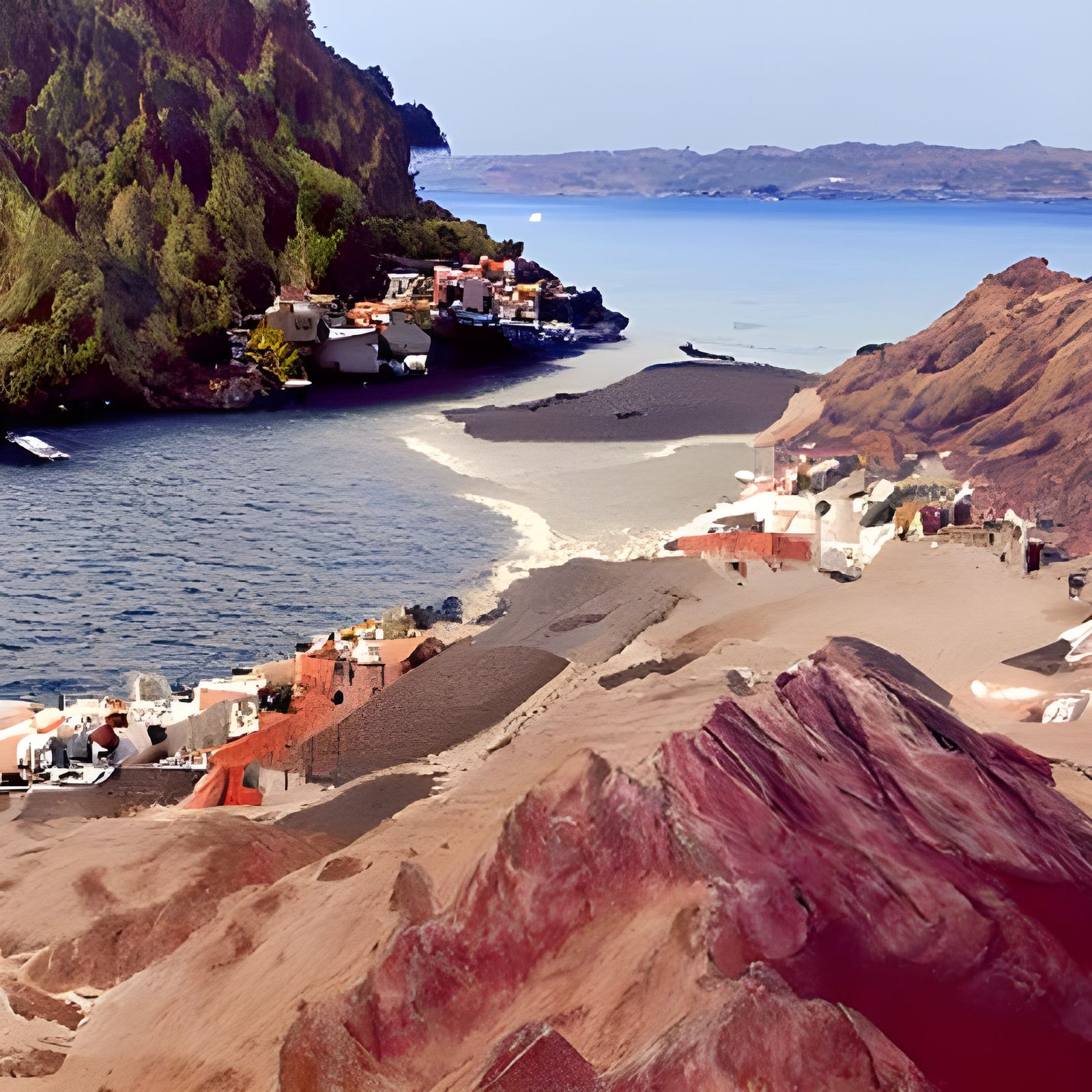 Santorini's Volcanic Beaches in Matte Painting Style