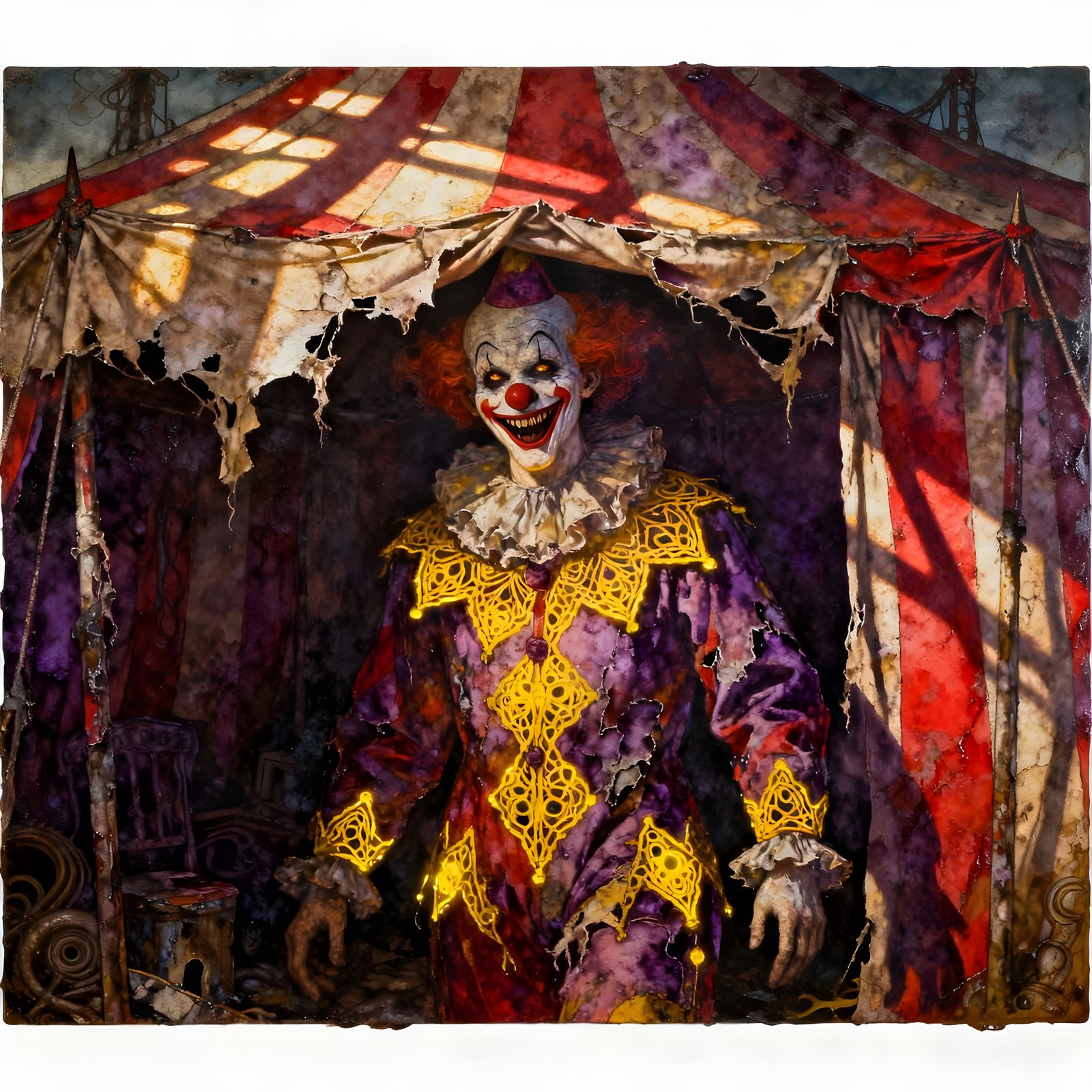 Evil Clown at Abandoned Circus in Mixed Media Style