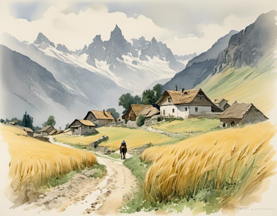 Medieval Hamlet in Bernese Oberland: Watercolor Painting