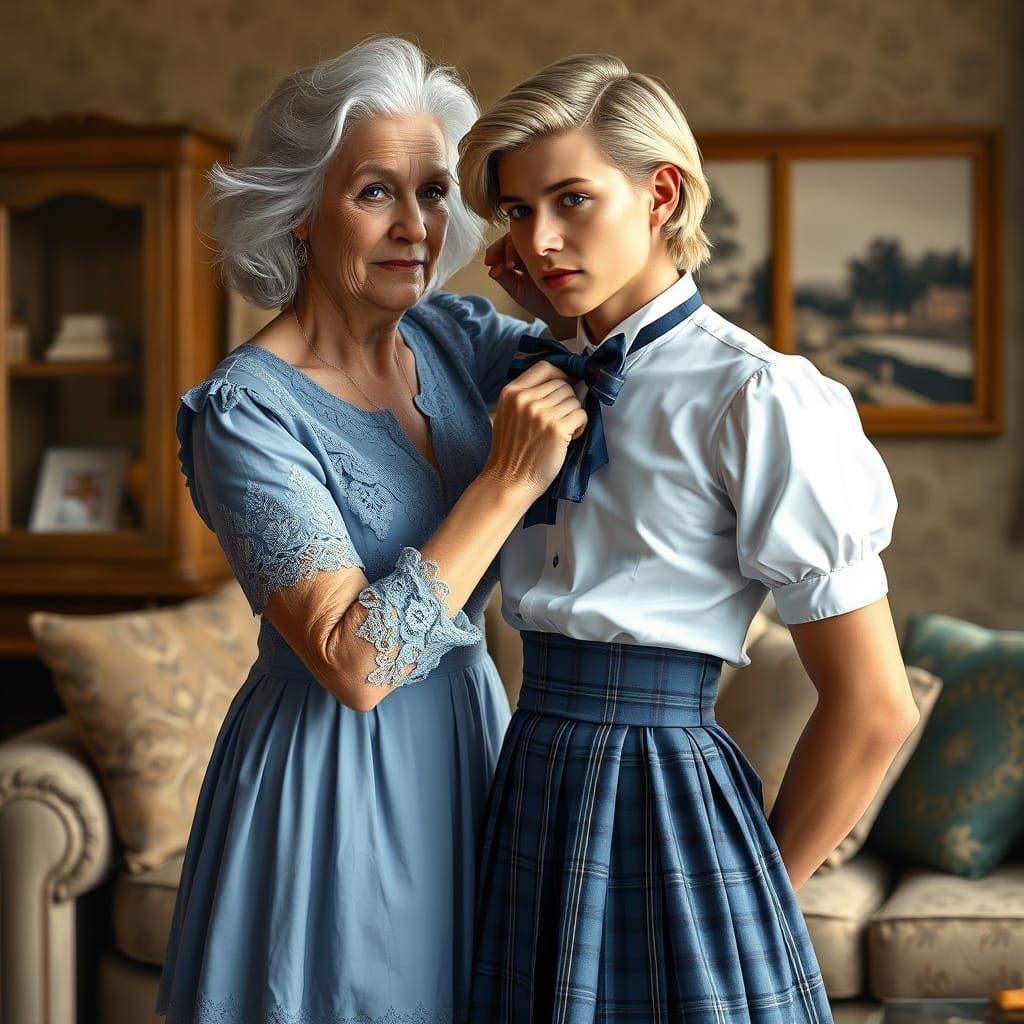 Elegant Elderly Woman Adorns Androgynous Young Man in Whimsi...